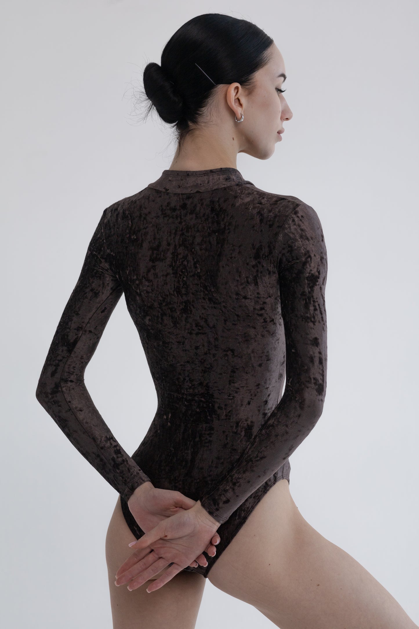 Dancelab brown long-sleeve leotard against a light background
