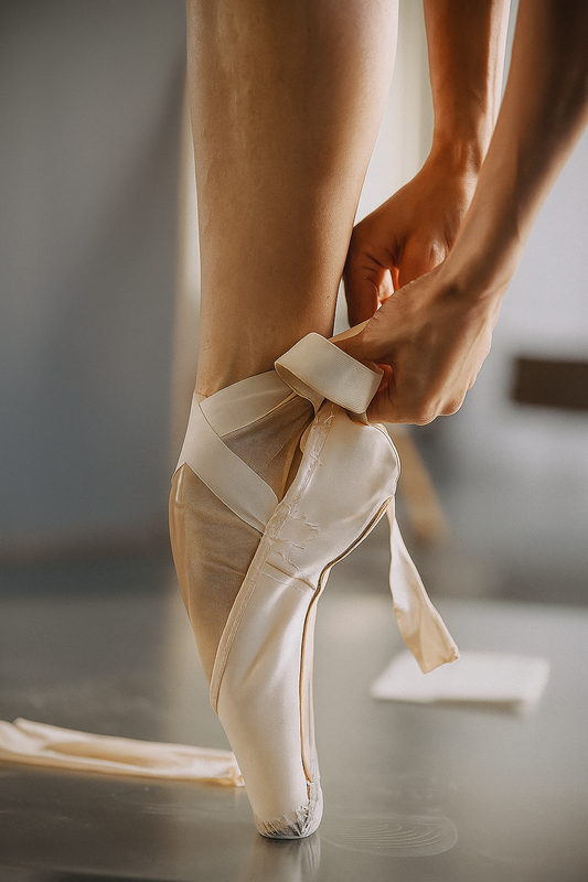 Person adjusting a ballet shoe with the arch enhances on a neutral background