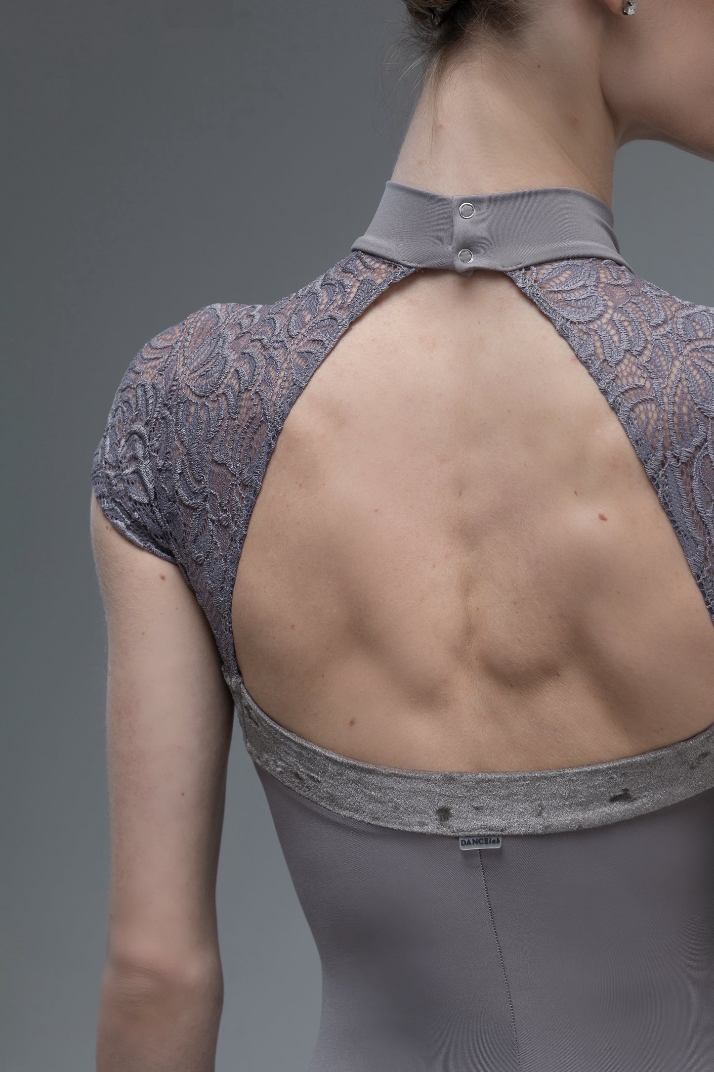 Gray lace leotard with open back