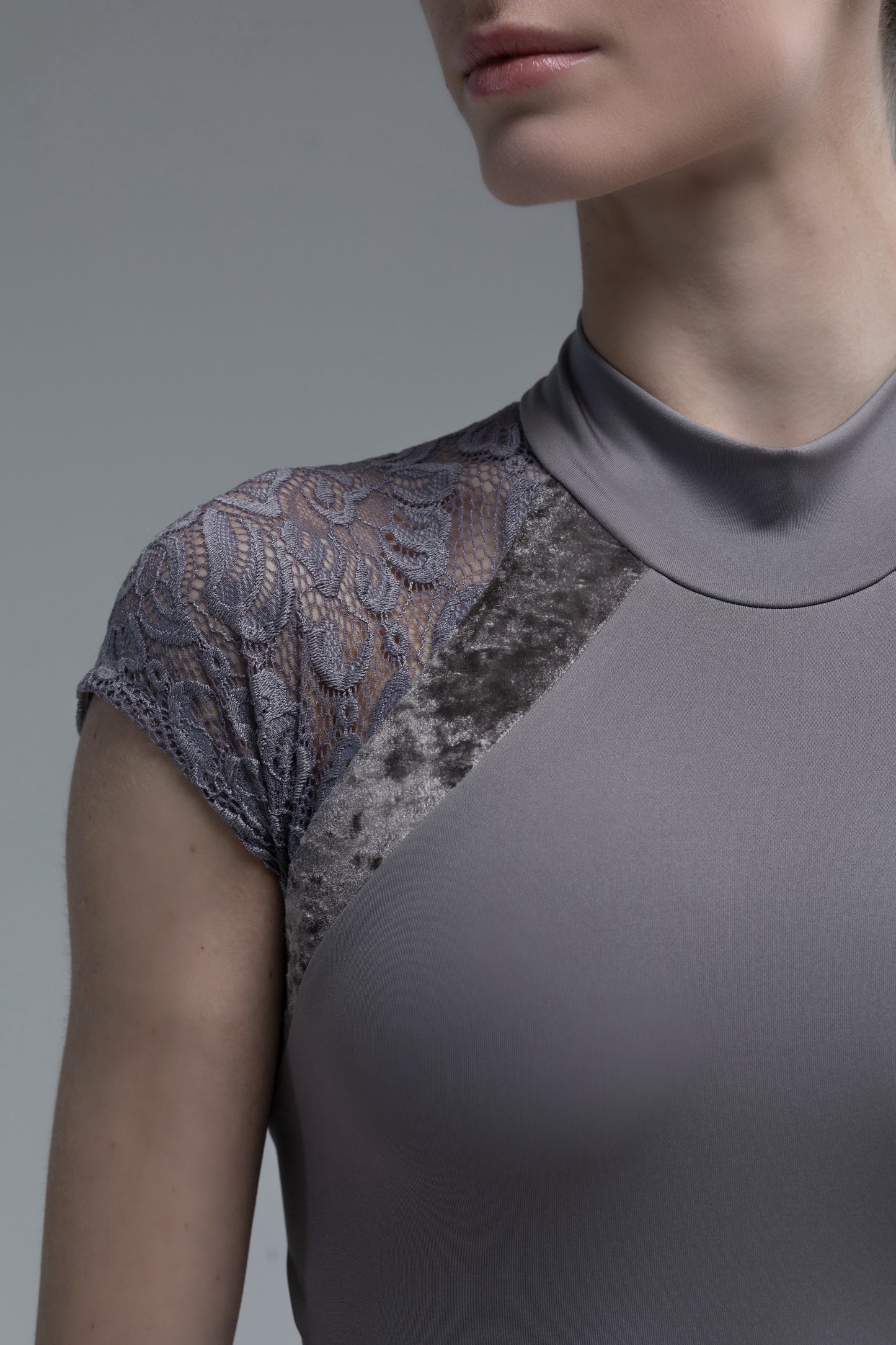 Gray leotard with lace sleeves