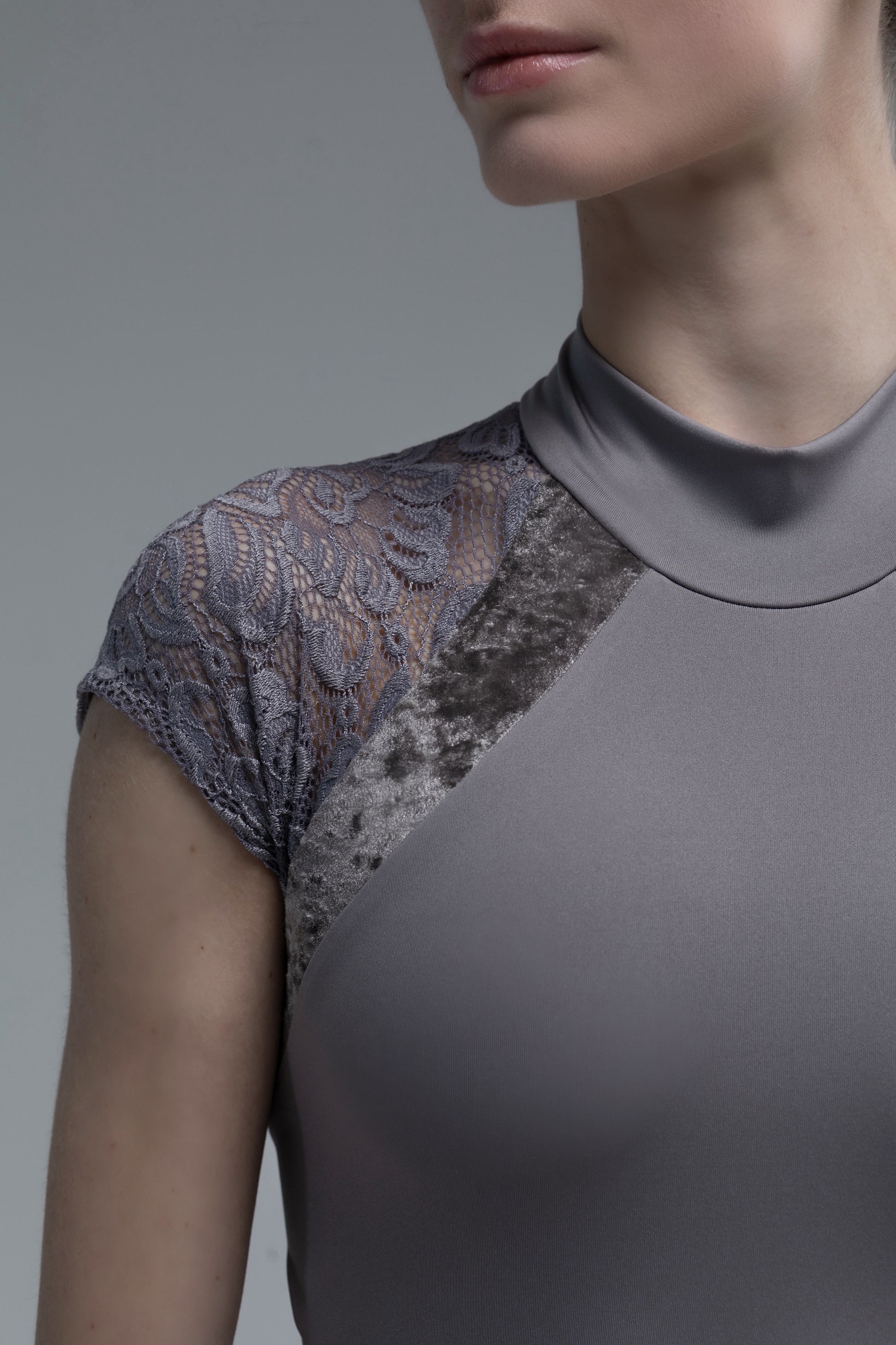 Gray leotard with lace sleeves