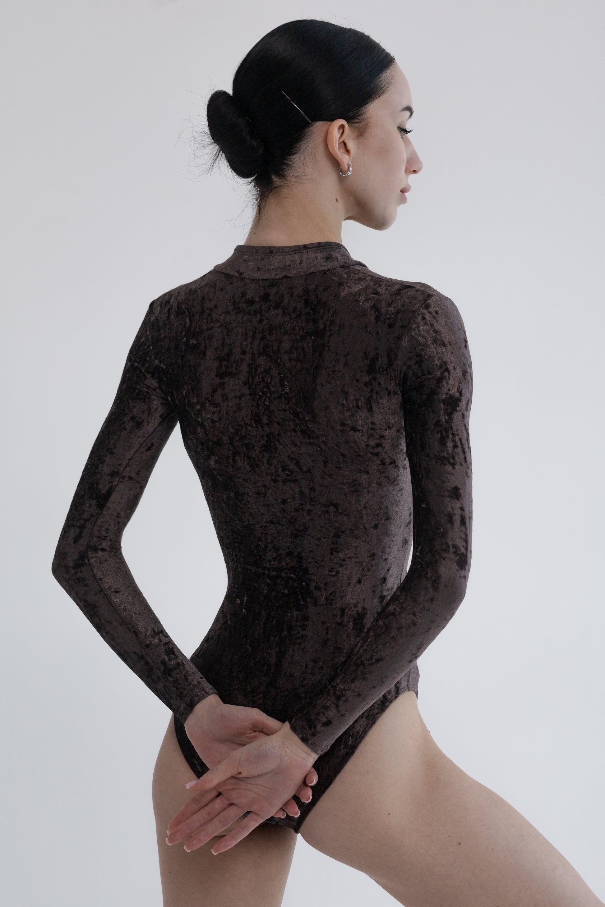 Dancelab brown long-sleeve leotard against a light background