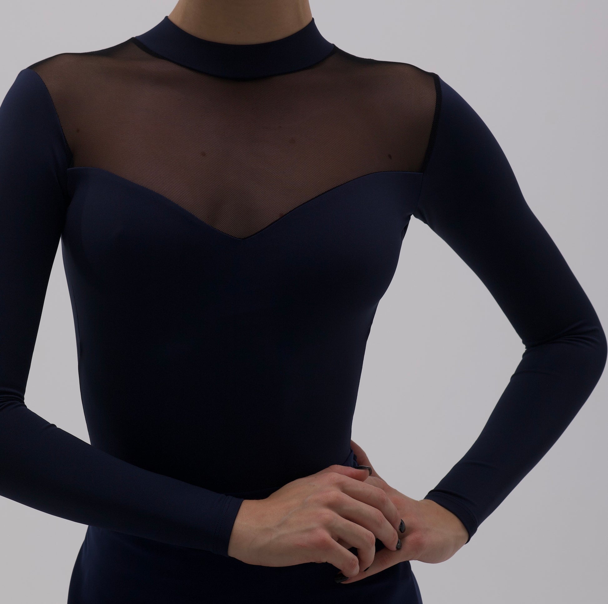 Dancelab Basic Blue long-sleeve leotard with sheer mesh detail