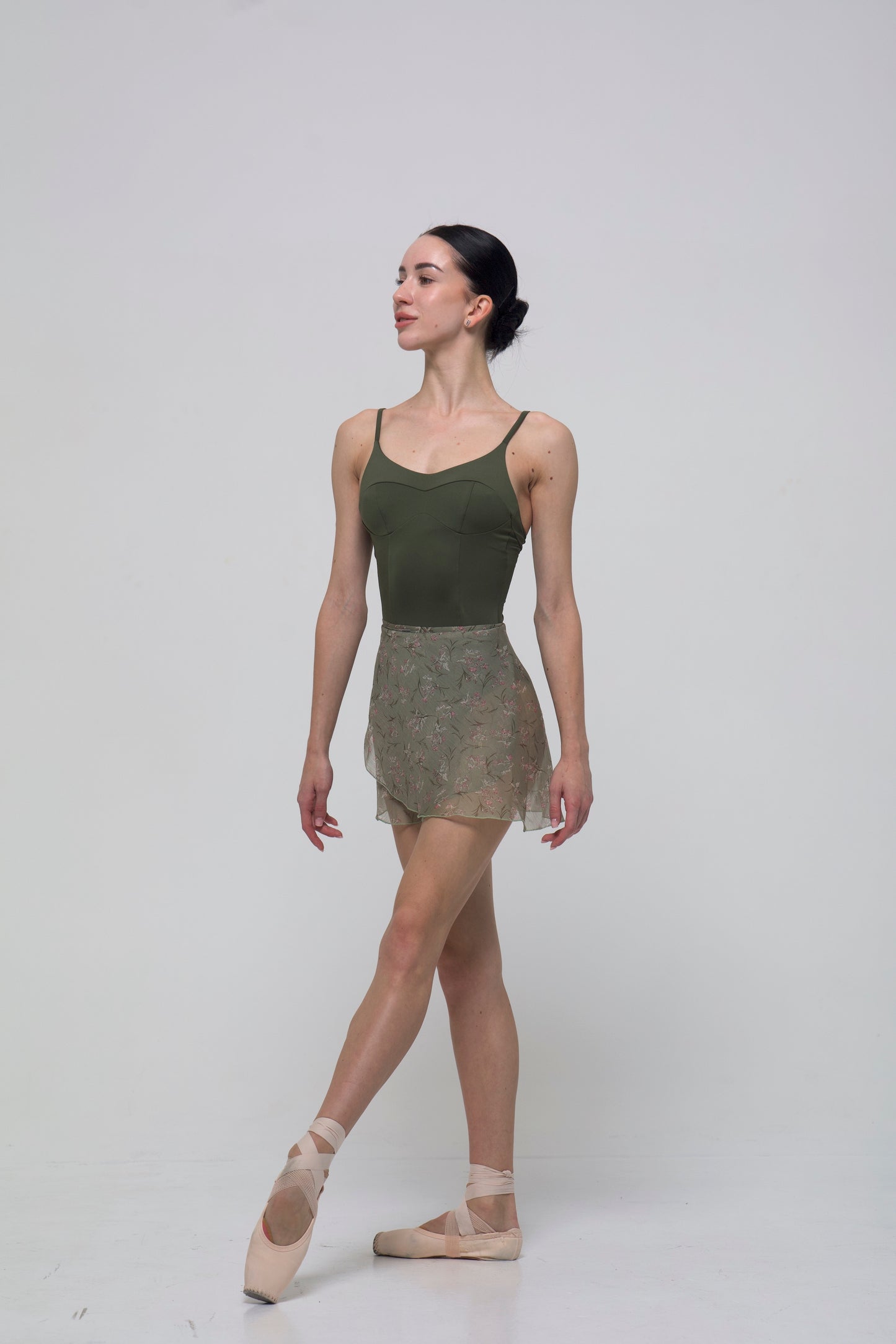 Ballerina in a olive leotard and skirt 1 length green with flowers