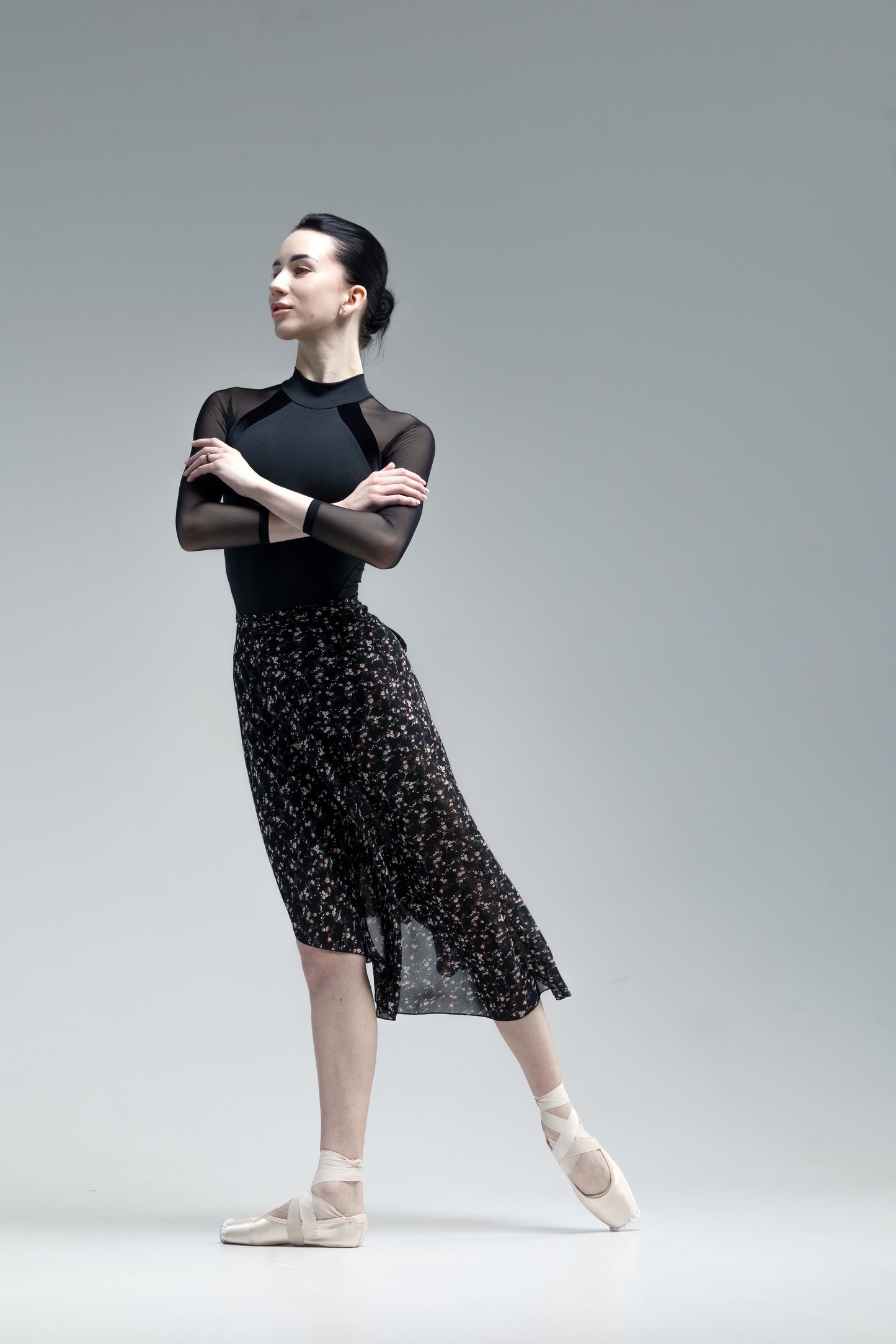 Ballet skirt black with floral pattern and stylish Epure Leotard on a gray background